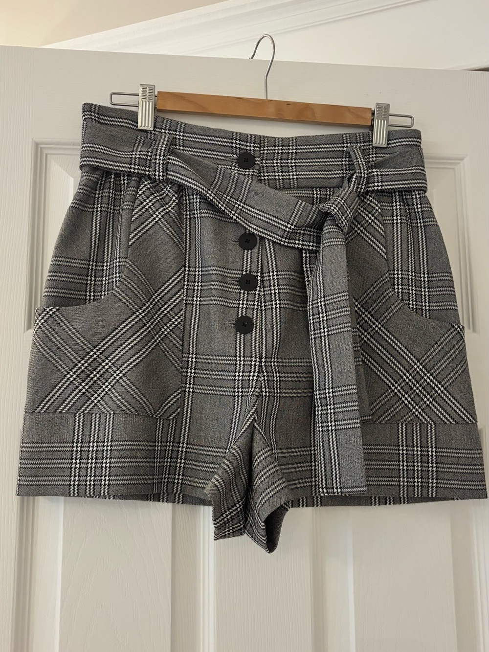 Maje Gray Plaid High-Waist Tie-Belt Shorts